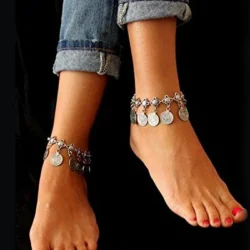 Oxidised Silver Anklets for Women 2 Pcs Antique Gypsy Coins Oxidized Silver Plated Anklet for Women and Girls
