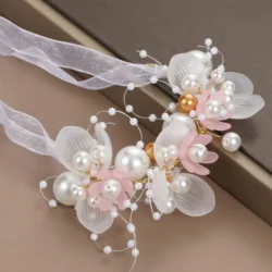 Bracelet for women and Girls Pink white Floral Bracelets for Women Bridal Wedding Bracelet Fabric Wrist Band Pink Pearl Hand Bracelet For Women and Girls (Design 3)